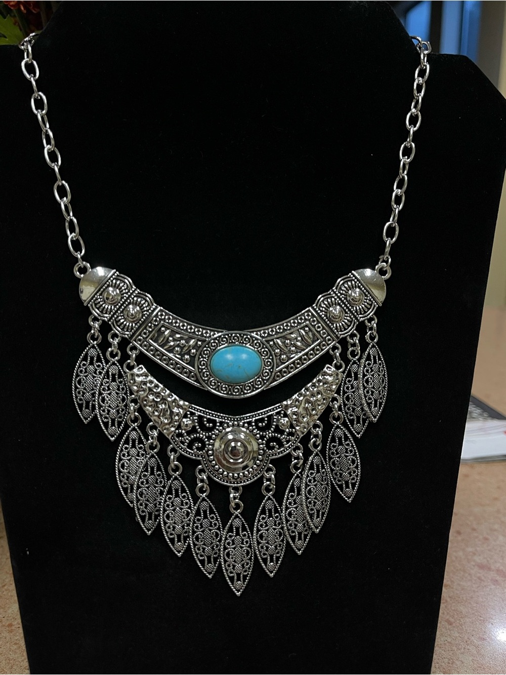 Silver-Tone Boho Filigree Necklace with Turquoise Accent